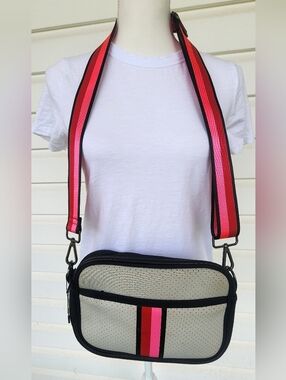 Womens Drew Neoprene Camera Crossbody Bag in Cream/Black w/ Pink & Red Stripe!!